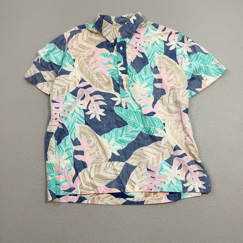 Vintage Hilo Hattie Shirt Men XL Blue Floral Hawaiian Popover Made Hawaii 90s